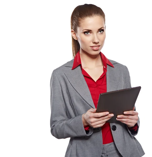 Jovem mulher de negócios atraente usa um computador tablet móvel wi — Fotografia de Stock