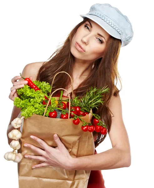 Giovane donna con una borsa della spesa. Isolato su dorso bianco — Foto Stock