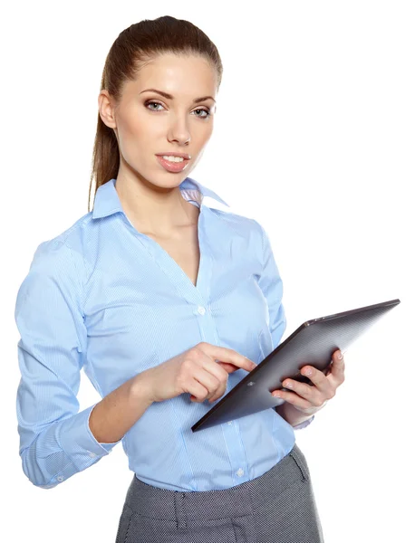 Jonge aantrekkelijke zakenvrouw maakt gebruik van een mobiele tabletcomputer wi — Stockfoto