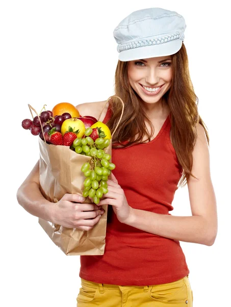 Fiatal nő egy élelmiszerbolt bevásárló táska. Elszigetelt fehér főleg CIG — Stock Fotó