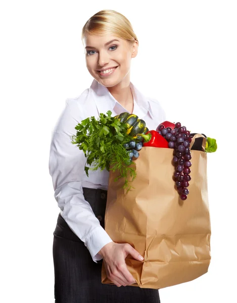 Mujer joven con una bolsa de compras de comestibles —  Fotos de Stock