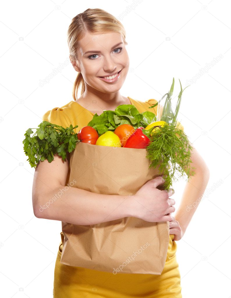 Young woman with a grocery shopping bag.