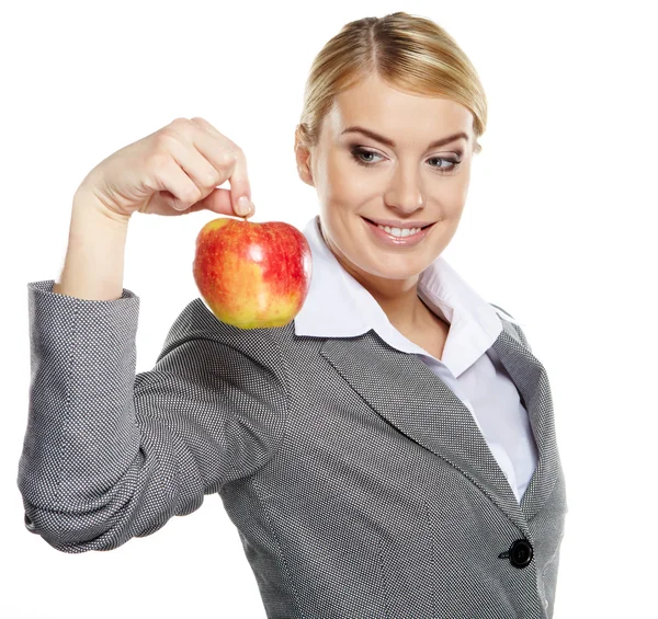 Concep iş kadını ile kırmızı elma onun elinde - sağlıklı yeme — Stok fotoğraf