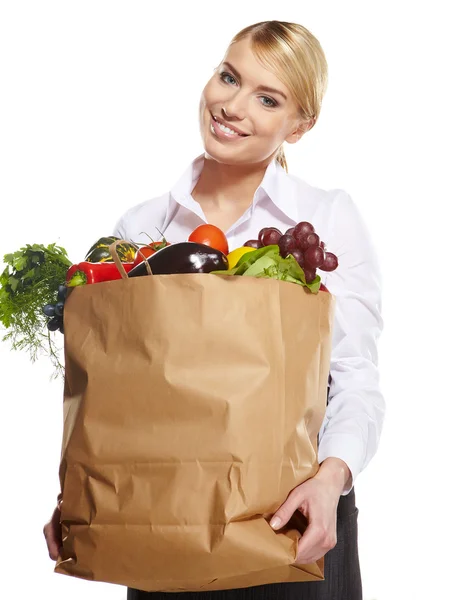 Retrato de mujer de negocios feliz sosteniendo una bolsa de compras — Foto de Stock