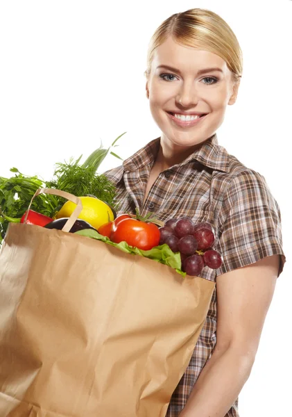 Retrato de mulher de negócios feliz segurando um saco de compras — Fotografia de Stock