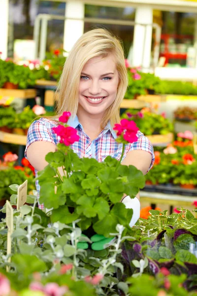 Mulher fazendo compras e olhando para as plantas no centro do jardim — Fotografia de Stock