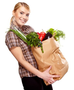 sağlıklı kadar dolu bir çanta tutan kadın. alışveriş .