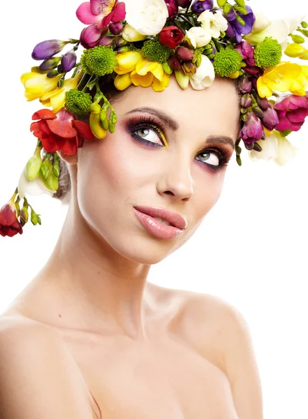 Woman with hairstyle and freesia flower. Isolated. — Stock Photo, Image