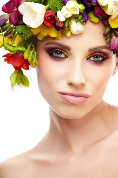 Kadın saç modeli ve Frezya çiçeği. izole. — Stok fotoğraf