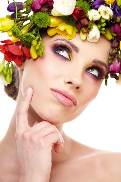 Woman with hairstyle and freesia flower. Isolated. — Stock Photo, Image