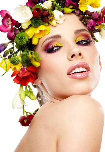Kadın saç modeli ve Frezya çiçeği. izole. — Stok fotoğraf