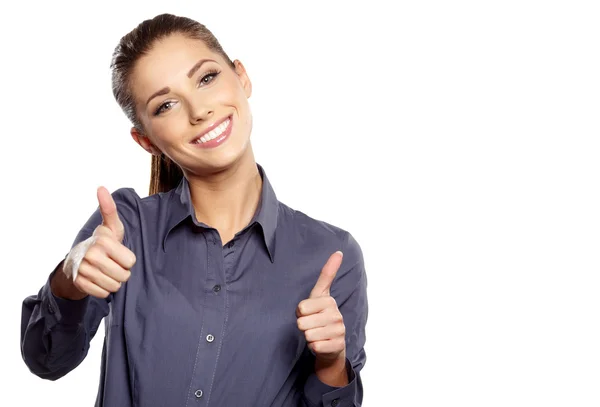 Feliz sorridente mulher de negócios com sinal de mão ok — Fotografia de Stock