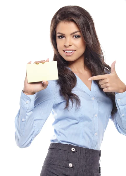 Young Businesswoman holding credit card. Isolated on white — Stock Photo, Image