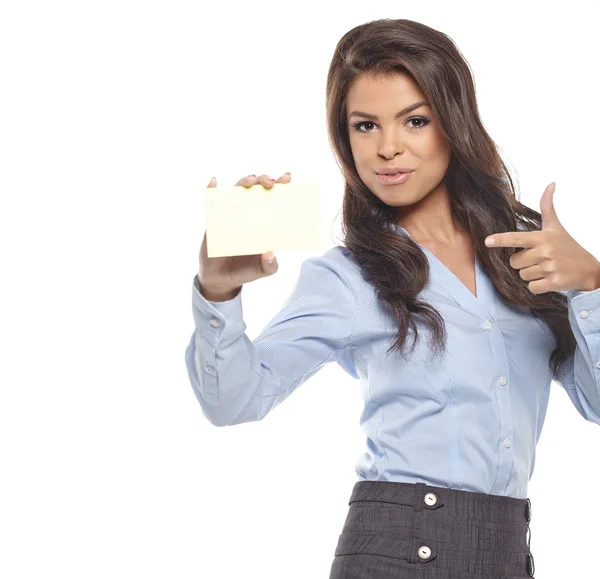 Portrait of a beautiful businesswoman holding a white card — Stock Photo, Image
