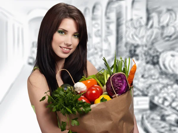 在一家超市购物的指头的蔬菜架在女人 — 图库照片