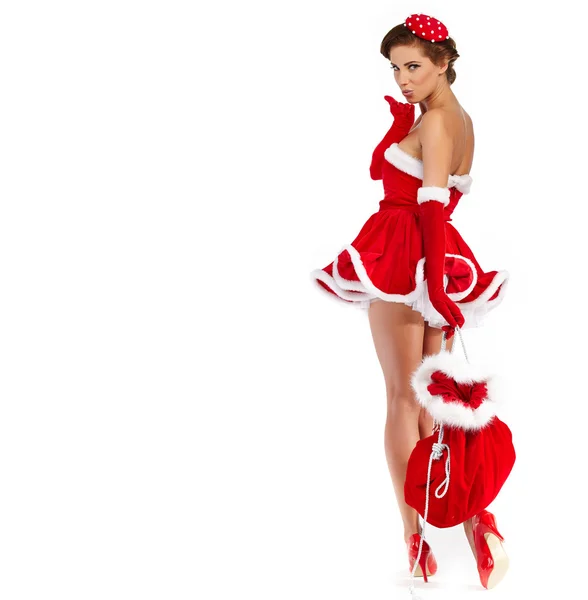 Santa claus ruhát visel a gyönyörű szexi lány — Stock Fotó