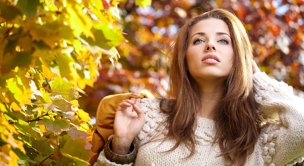 Mujer joven con hojas de otoño en la mano —  Fotos de Stock