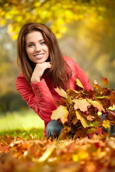 Jeune femme aux feuilles d'automne à la main Images De Stock Libres De Droits