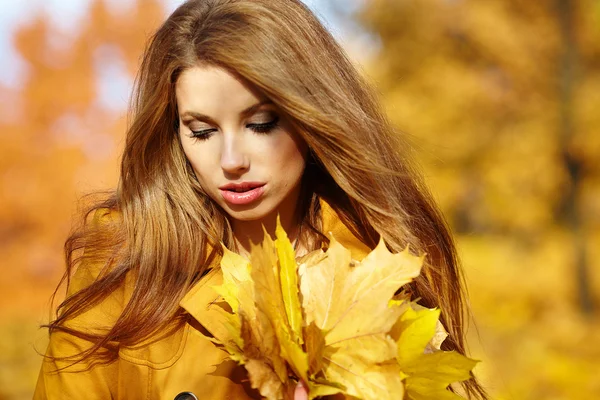 Retrato de una hermosa joven en el parque de otoño. —  Fotos de Stock