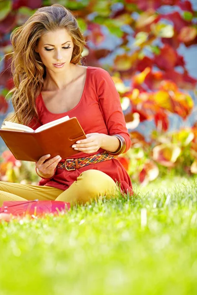 Morena menina lendo um livro no parque — Fotografia de Stock