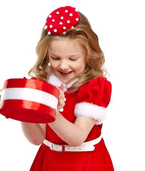 Schattig klein meisje in de santa claus kostuum — Stockfoto