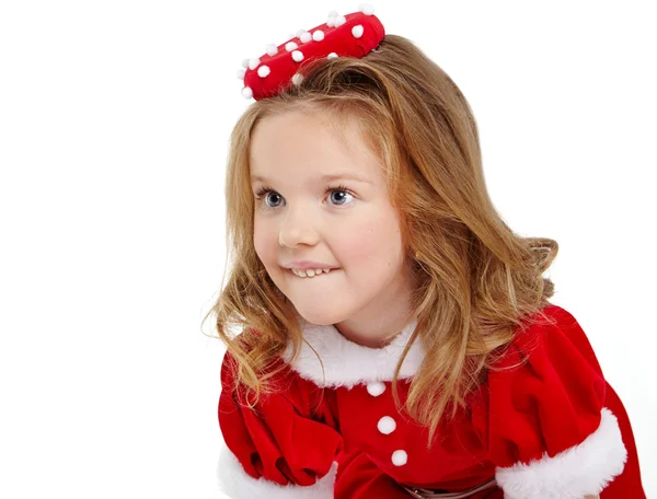 Schattig klein meisje in de santa claus kostuum — Stockfoto