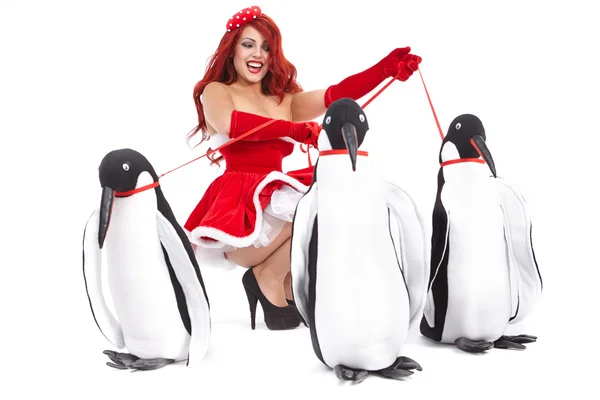 Mulher de moda com pinguim — Fotografia de Stock