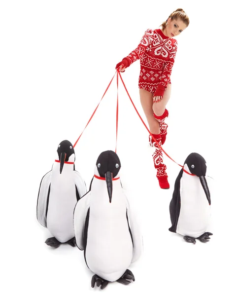 Winter woman walking with penguins — Stock Photo, Image