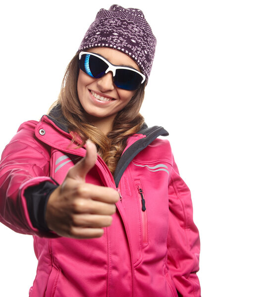 Woman in pink jacket and goggles