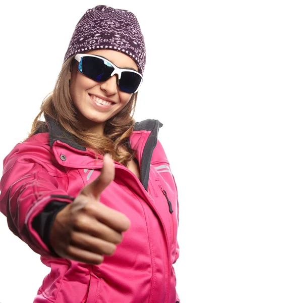 Woman in pink jacket and goggles — Stock Photo, Image