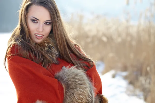 Hermosa chica congelándose en el parque de invierno. imágenes en colores cálidos — Foto de Stock