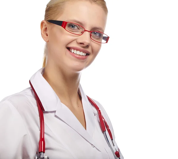 Ženský doktor s úsměvem s brýlemi — Stock fotografie