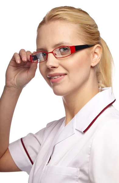 Female doctor smiling with glasses — Stock Photo, Image