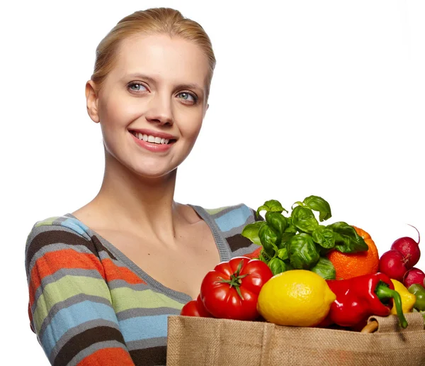 Mujer con una bolsa de compras de comestibles — Foto de Stock