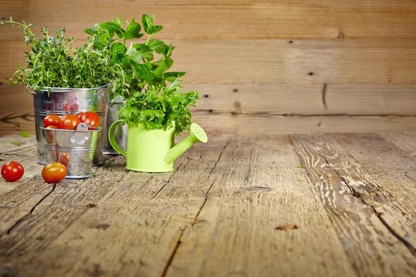 Folhas de hortelã na mesa de madeira — Fotografia de Stock