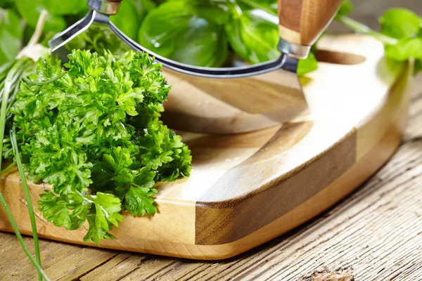 Herbes et un couteau sur une planche à découper — Photo