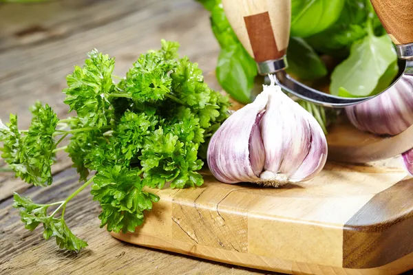 Herbs and a knife on a cutting board — Stock Photo, Image