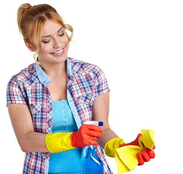 Primavera limpieza mujer apuntando limpieza spray botella . — Foto de Stock