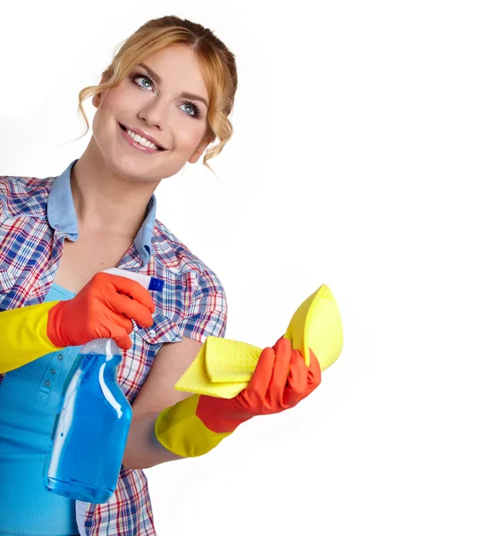 Spring cleaning woman pointing cleaning spray bottle. — Stock Photo, Image