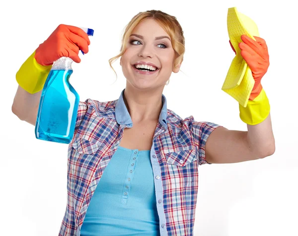 Primavera mulher limpeza apontando frasco de spray de limpeza . — Fotografia de Stock