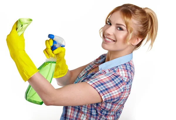 Primavera mulher limpeza apontando frasco de spray de limpeza . — Fotografia de Stock
