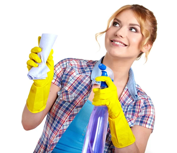 Primavera limpieza mujer apuntando limpieza spray botella . — Foto de Stock