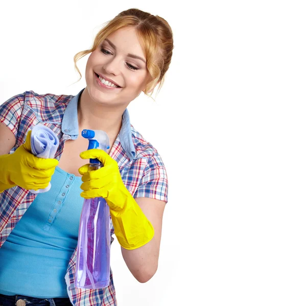 Spring cleaning woman pointing cleaning spray bottle. — Stock Photo, Image