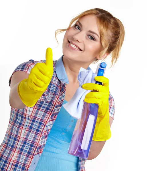 Primavera limpieza mujer apuntando limpieza spray botella . —  Fotos de Stock