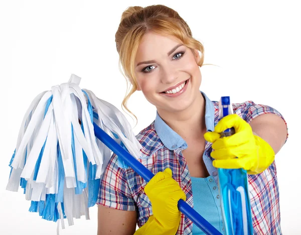 Housewife Ready To Fight With Spray Bottle and Mop — Stock Photo, Image