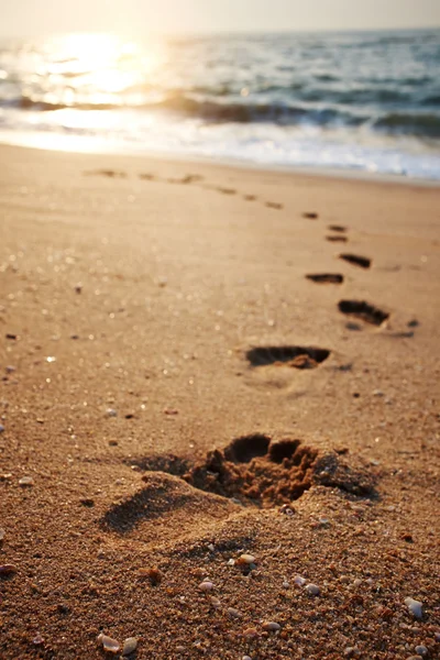 Spiaggia, onde e passi all'ora del tramonto — Foto Stock