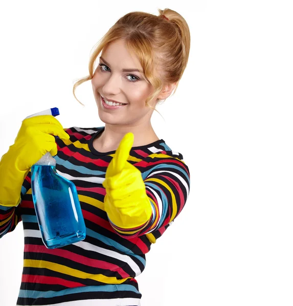 Woman as a cleaning maid holding liquids and showing OK sign — Stock Photo, Image