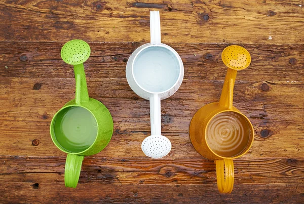 Gardening tools on old wood table . top view — Stock Photo, Image