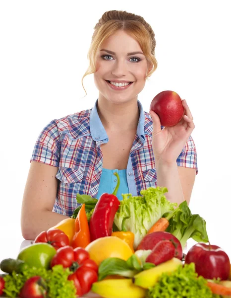 Vrouw met vruchten en groenten — Stockfoto