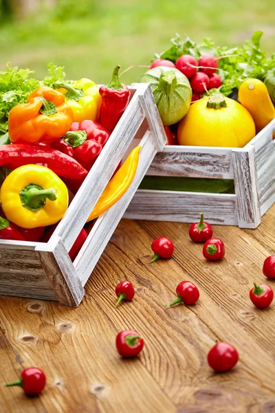 Овощи в деревянной коробке — стоковое фото